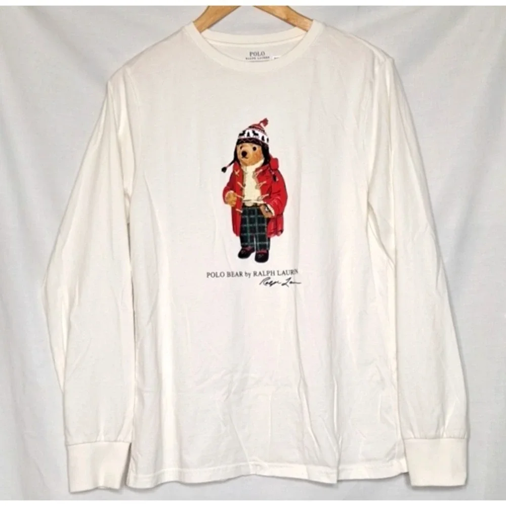 Polo Ralph Lauren Boys XL Graphic Polo Ski Bear Long Sleeve T-Shirt‎ White 18 20